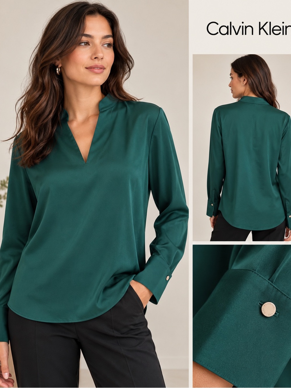 Calvin Klein Malachite Green Satin V-Neck Blouse NWT Size L